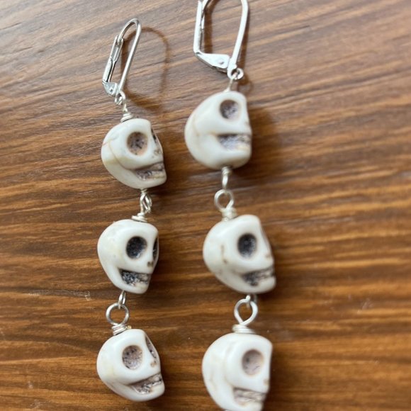 Triple Magnesite Skull Dangle Earrings, Handmade Original Design - Picture 4 of 4